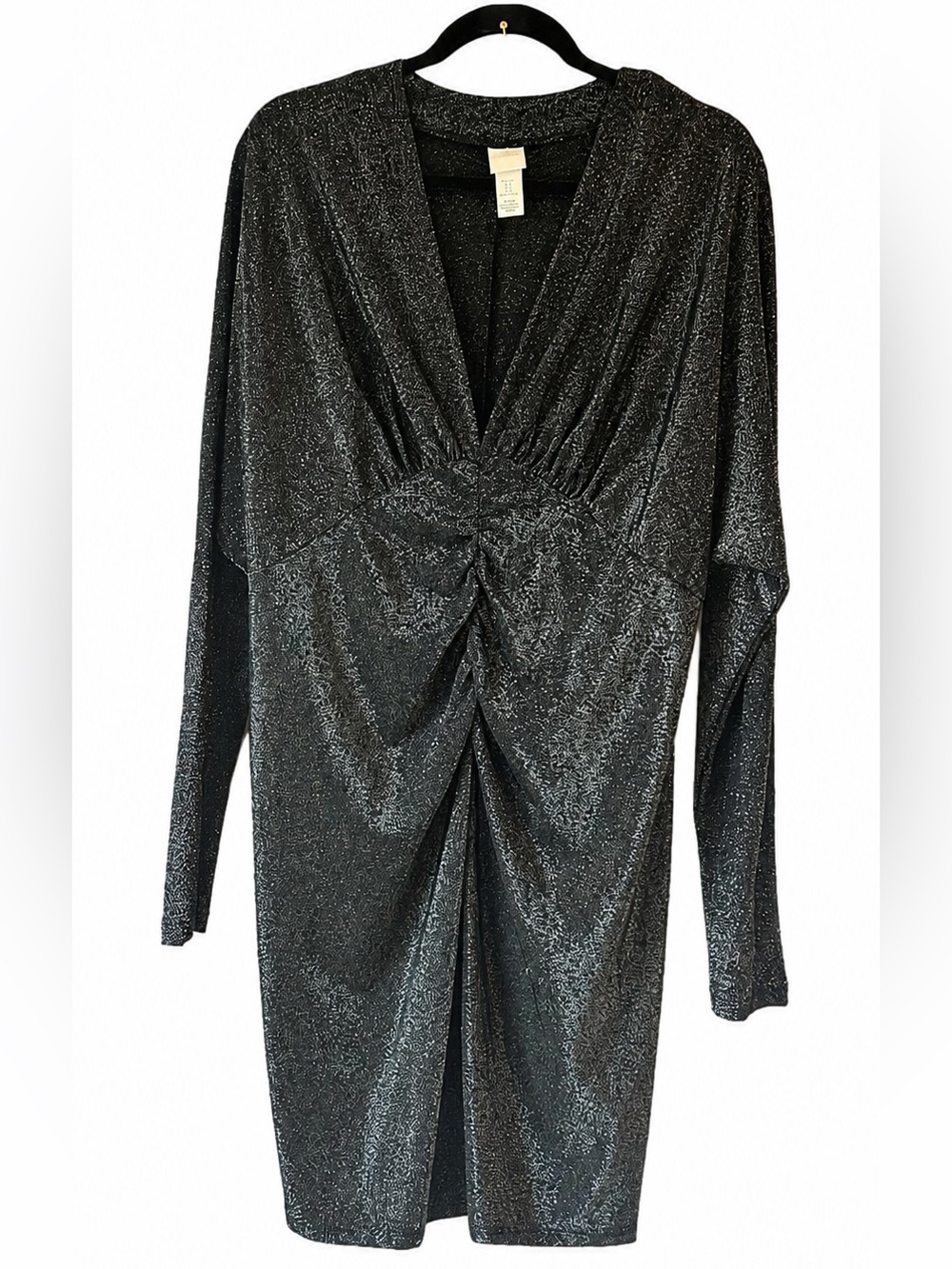 H&M Metallic Glitter Dress XL Silver Ruched Bodycon Long Sleeve Party Cocktail